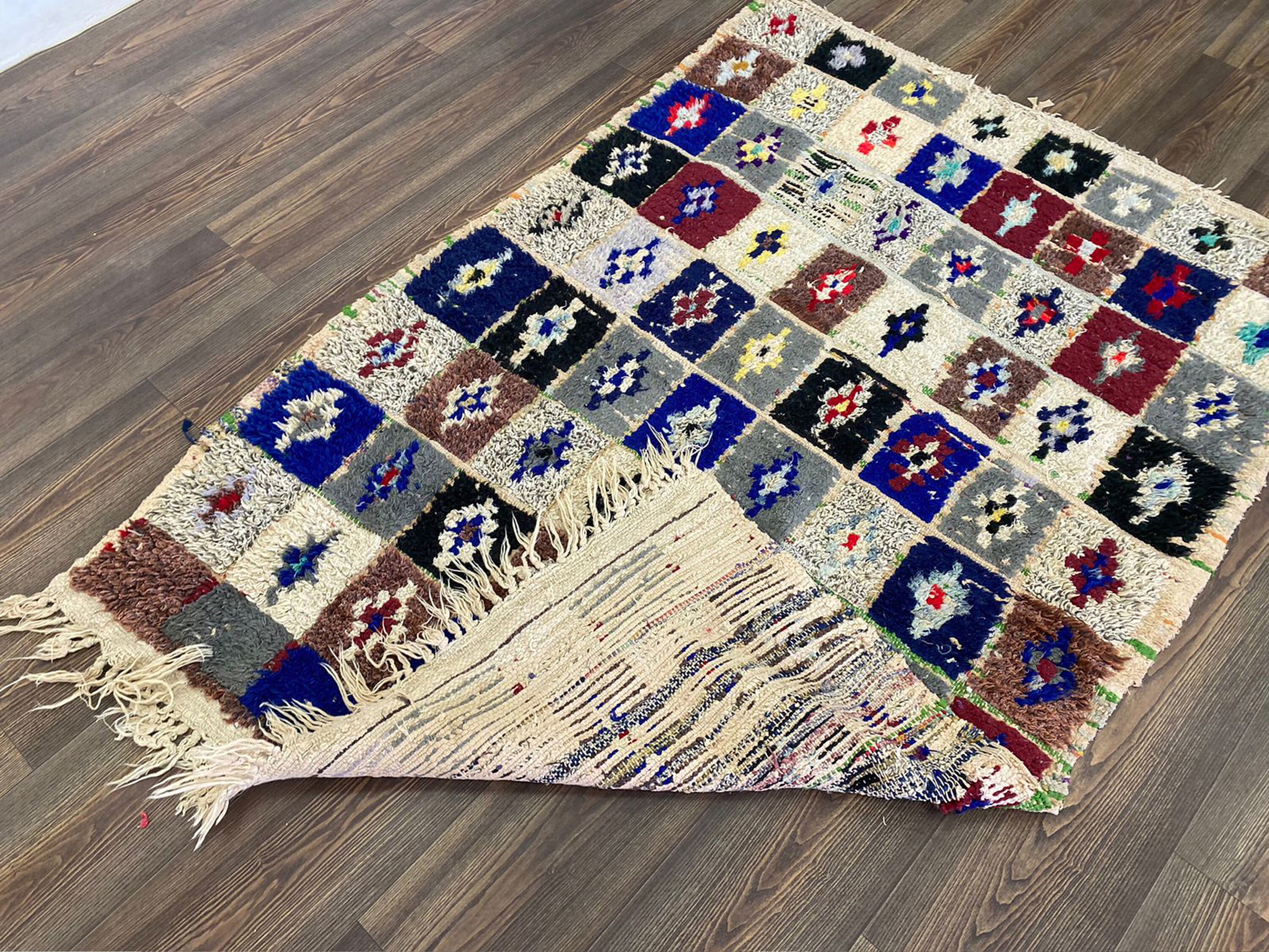 ヴィンテージチェック柄ベルベルラグ：カラフルなモロッコ風装飾（5 x