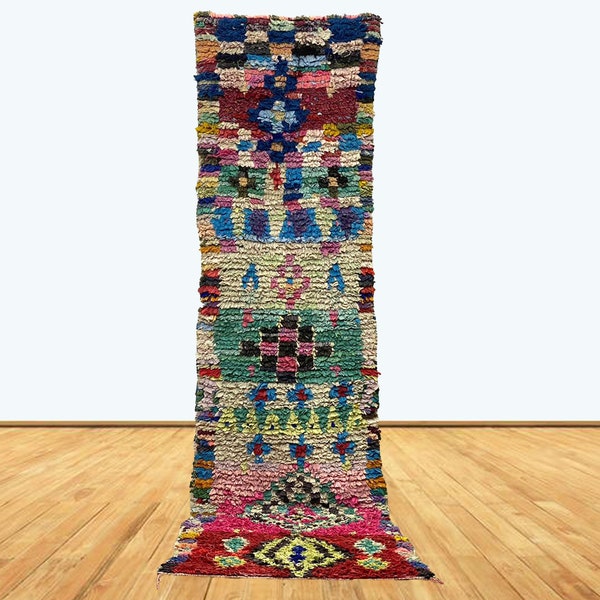 9x2 Feet Long Narrow Boucherouite Berber Moroccan Rug Runner.