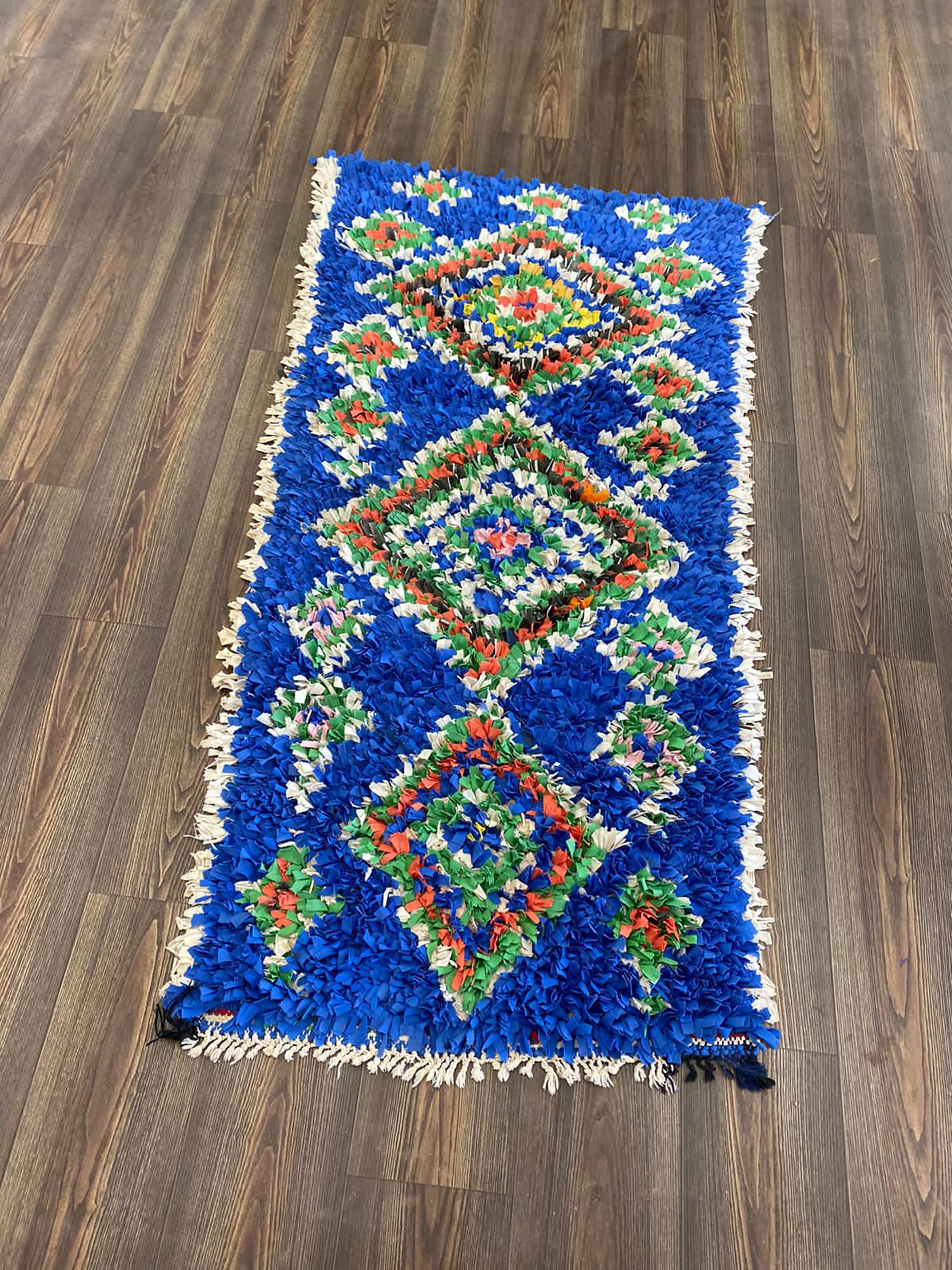 3x5 モロッコ ブルー ブシュロイット ヴィンテージ ラグ