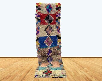 2x10 Feet Colorful Boucherouite Narrow Moroccan runner rug.