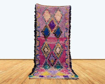 3x7 Berber Moroccan Boucherouite Diamond Runner Rug.