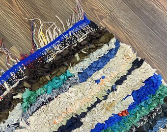SS（レッド ｜アフニフ モロッコラグ モロッコ　ラグ　ストライプ / 玄関マット 約53×51cm）美品 ラグ・カーペット