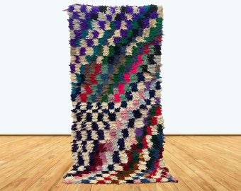 【希少・手織り】モロッコ製 ベルベルラグ／ハンドメイド・未使用 ヴィンテージ モロッコ ベルベルラグ：カラフルな幾何学模様の小