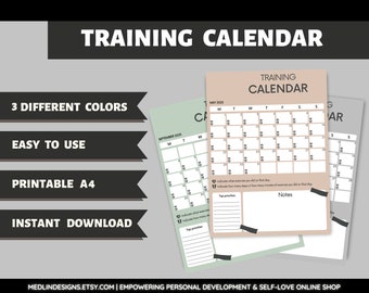 Calendrier d'entraînement, suivi d'entraînement imprimable, calendrier de remise en forme, bien-être, objectif de santé, planificateur numérique, journal d'entraînement, plan d'exercices, journal quotidien