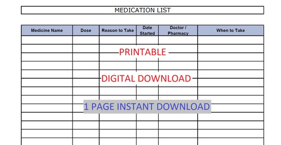 PRINTABLE Medication List and Medication Log. Medication | Etsy