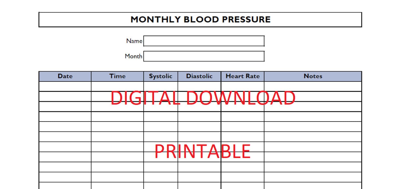 PRINTABLE - Monthly Blood Pressure Chart - Blood Pressure - Systolic ...