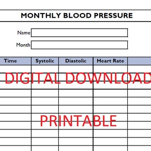 PRINTABLE - Monthly Blood Pressure Chart - Blood Pressure - Systolic ...