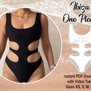 May include: A black one-piece swimsuit with cutouts on the sides. The swimsuit is shown on a model against a beach background. The text "Ibiza One Piece" and "sixte designs" is visible on the image. The text "Instant PDF Download with Video Tutorial" and "Sizes XS, S, M, L, XL" is also visible on the image.