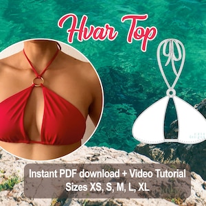 Puede incluir: Un top de bikini rojo con tirante halter y un detalle de anillo dorado. El top se llama "Hvar Top" y está disponible en tallas XS, S, M, L, XL. La imagen incluye un patrón digital del top.