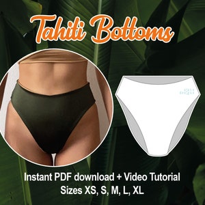 May include: Tahiti Bottoms sewing pattern with a green swimsuit bottom on a model and a white pattern illustration. The pattern includes sizes XS, S, M, L, XL. Instant PDF download and video tutorial included.