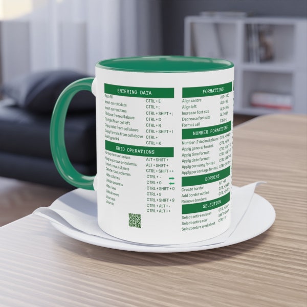 Excel Formula and Shortcuts Mug - UK/AUS Spelling. Green interior and handle. Christmas, Workplace, Colleague Gift.