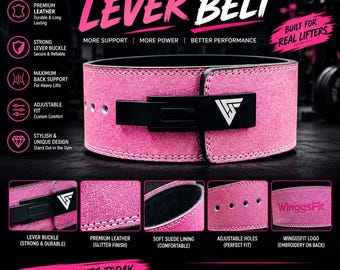 Custom Genuine Leather Lever Belt – Pink Glitter Weightlifting Belt for Powerlifting, Heavy Lifting & Strength Training