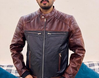 Custom Two-Tone Leather Jacket: Handmade Slim Fit Biker Coat