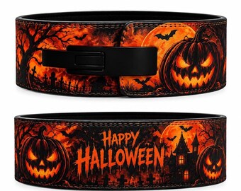 Halloween leather lever belt 10mm, weightlifting powerlifting belt, pumpkin gym belt for squat and deadlift, adjustable support