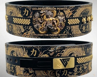 Custom Anime Lever Belt 13mm Leather - Golden Dragon Weightlifting Belt - Powerlifting Gym Belt - Dragon Z Inspired Strength Training Gear