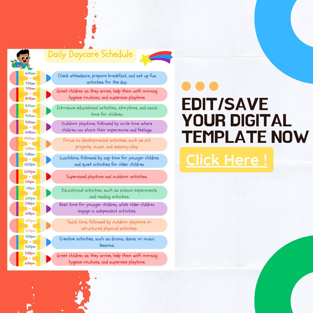 Daycare Provider Daily Schedule Template, Editable in Canva, Editable ...