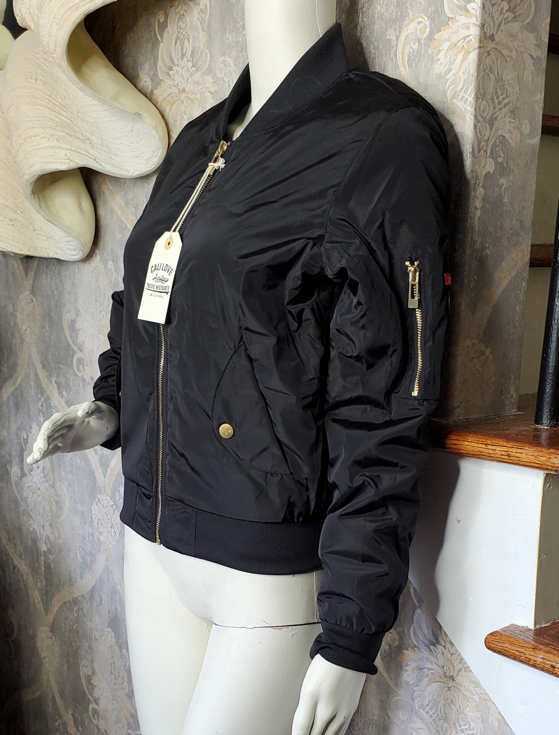 Black Bomber Jacket With Gold Front Zipper Etsy