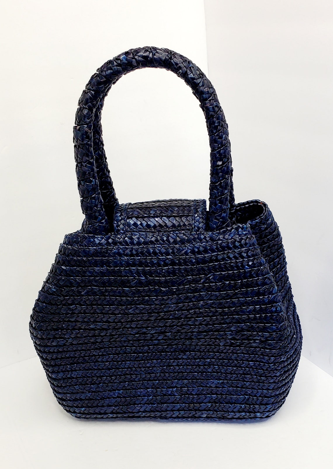 Vintage Navy Blue Straw Top Handle Tote Bag Etsy