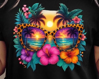 Custom Beach Tropical Sunglasses PNG, Retro Leopard Print Summer Sublimation Design, Salty Beach Png, Sublimation Design, Tropical Flowers