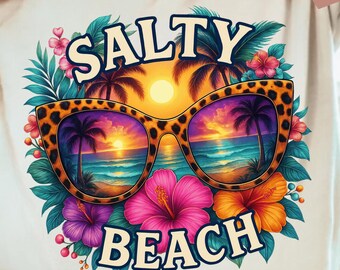 Salty Beach Tropical Sunglasses PNG, Retro Leopard Print Summer Sublimation Design, Salty Beach Png, Sublimation Design, Tropical Flowers