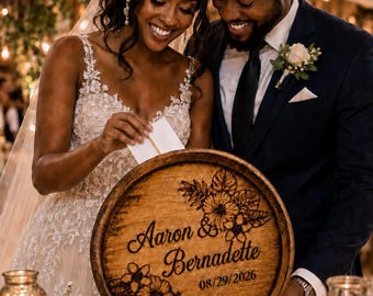 Personalized Oak Wine Barrel Card Holder, Rustic Wedding Event Decor