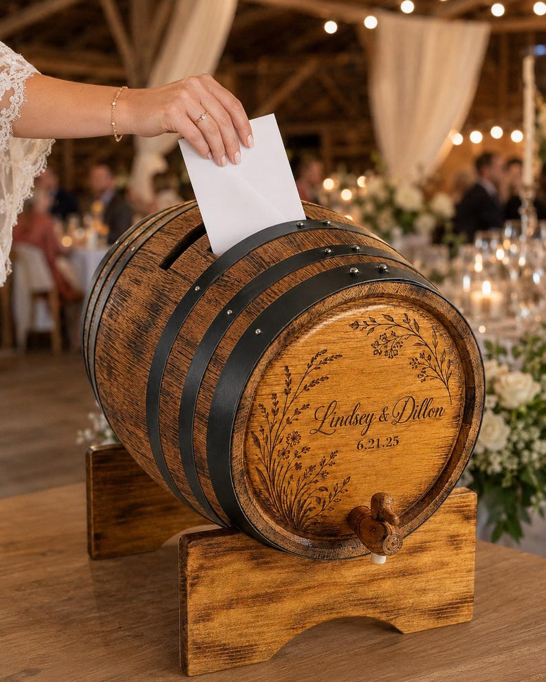 Personalized Oak Wine Barrel Card Holder, Rustic Wedding Decor image 9
