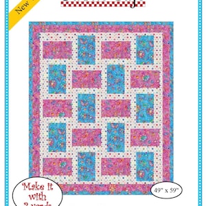 May include: A Fabric Café quilt pattern titled "Brickstreet" with a pink, blue, and white design. The quilt measures 49" x 59" and requires 3 yards of fabric. The pattern is labeled "New Version".