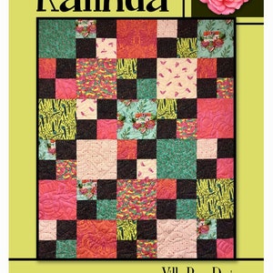 May include: A quilt pattern called "Kalinda" by Villa Rosa Designs. The quilt is made up of a checkerboard pattern of black squares and colorful squares with floral and geometric designs.