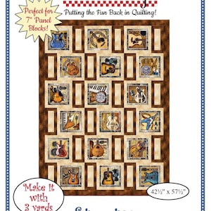 May include: A quilting pattern featuring a musical theme with a grid of 25 squares, each containing a different musical instrument. The pattern is titled "Streetcar" and is 42 1/2 inches by 57 1/2 inches. The pattern is perfect for 7 inch panel blocks.