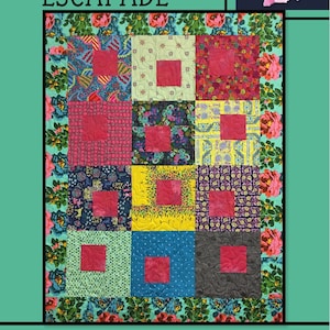 May include: A quilt pattern called "Escapade" by Villa Rosa Designs. The quilt is made up of 12 colorful squares with a red square in the center of each. The quilt is surrounded by a border of floral fabric.