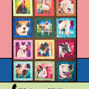May include: A quilt pattern called "Facetime" featuring a grid of 12 colorful squares, each with a different animal or bird. The animals include a rooster, duck, sheep, cat, chicken, horse, llama, dog, cow, rabbit, and dog. The quilt pattern is designed by Melissa Milligan for Villa Rosa Designs.