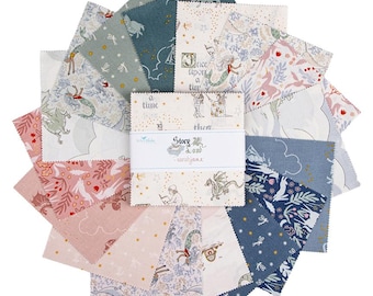 May include: A stack of square fabric swatches arranged in a fan pattern, featuring various prints of mermaids, dragons, and floral motifs in shades of blue, pink, and cream. A white paper band wraps the center with the text Story Land Sarah Jane.