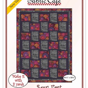 May include: Sew Fast quilt pattern by Fabric Cafe. The pattern features a colorful design with swirls and stripes. The finished quilt measures 44 1/2 inches by 59 1/2 inches and requires 3 yards of fabric.