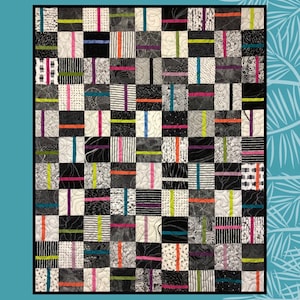 May include: A quilt pattern called "Split Charms" designed by Sugar Pine Quilt Designs for Villa Rosa Designs. The quilt features a black and white checkerboard pattern with colorful stripes.