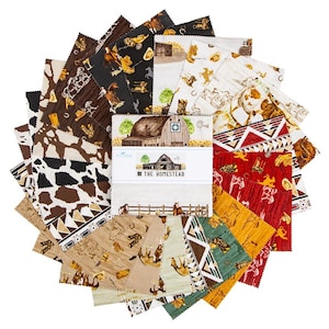 May include: A stack of square fabric swatches arranged in a circular fan pattern. The fabric features various western-themed prints including barns, horses, cowboy boots, and geometric patterns in red, brown, green, black, and white. A paper band labeled THE HOMESTEAD with a barn illustration wraps around the center.