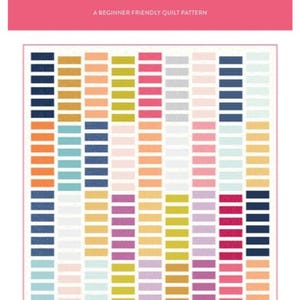 May include: A quilt pattern titled "Rolly Stack" by Cotton and Joy Patterns. The design features a colorful arrangement of rectangular blocks in various shades of blue, orange, pink, yellow, and purple. The text "A Beginner Friendly Quilt Pattern" is also visible.