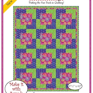 May include: A colorful quilt pattern titled "Town Square" with a grid design. The quilt features squares of pink, green, and blue fabrics. The dimensions are 47.5 inches by 62 inches. The text "Make it with 3 yards" is also included.