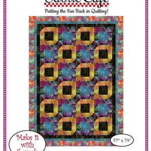 May include: A colorful quilt pattern labeled "Velocity" with dimensions of 57" x 79". The design features squares within squares in shades of blue, yellow, and purple. The Fabric Cafe logo and the text "Putting the Fun Back in Quilting!" are also visible.