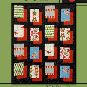 May include: A quilt pattern called "Jolie" by Villa Rosa Designs. The quilt features a black background with red, white, and blue squares with various patterns. The quilt is surrounded by a green border with a floral design.