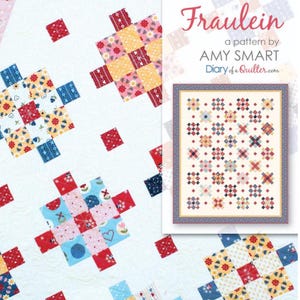 May include: A white quilt with a repeating pattern of colorful patchwork squares. The quilt features squares in red, blue, yellow, and pink, with floral and geometric designs. A pattern by Amy Smart is also shown.