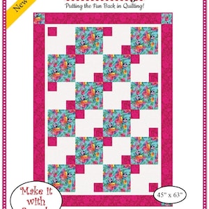 May include: A quilt pattern titled "Garden Path" with a floral design. The quilt features squares of turquoise fabric with floral patterns, white squares, and pink borders. The finished quilt size is 45 x 63 inches. The pattern is from Fabric Café.