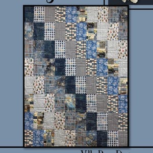 May include: A patchwork quilt with a variety of blue, gray, and white patterned squares. The quilt features floral, grid, and abstract designs. The words "Lady Banks" and "Villa Rosa Designs" are displayed on the image.