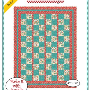 May include: A quilting pattern for a quilt called "Skip To My Lou". The quilt is made with a red and white floral fabric and a teal blue fabric. The quilt is 45 inches by 58 inches and requires 3 yards of fabric.