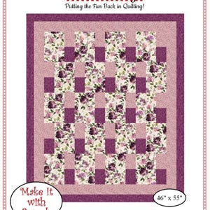 May include: A quilt pattern by Fabric Café, featuring a checkerboard design with floral print blocks in shades of purple, pink, and cream. The quilt measures 46 inches by 55 inches and is titled "Simply Blocks". The pattern requires 3 yards of fabric.