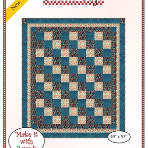 May include: A quilting pattern for a Four Square quilt. The pattern is for a quilt that is 49 inches by 57 inches. The quilt is made with a blue and white checkered pattern. The pattern is from Fabric Cafe and is a new version.