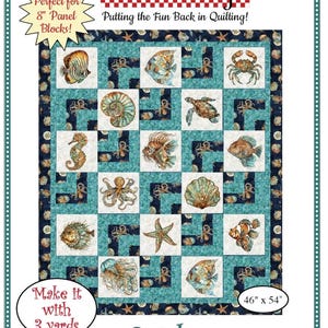 May include: A Fabric Cafe Gatsby quilt pattern featuring sea creatures like fish, seahorses, and starfish. The quilt measures 46 x 54 inches and is made with 8-inch panel blocks. The pattern includes the text "Make it with 3 yards."
