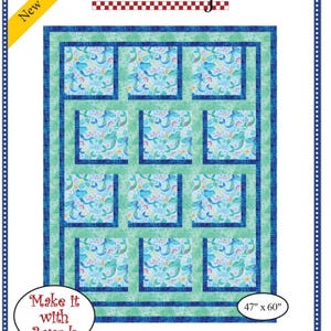 May include: A quilting pattern featuring a blue and green mermaid design. The pattern is called "Bold Blocks" and requires 3 yards of fabric. The finished quilt measures 47 inches by 60 inches.