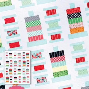 May include: A quilt pattern titled "Strippy Spools" featuring a repeating design of colorful spools on a white background. The spools are made of various patterned fabrics in red, green, and blue. The text "Strippy Spools" is in red script.