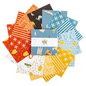 May include: A collection of fabric squares with various patterns and colors, including stripes, floral designs, and illustrations of landmarks and animals. The central fabric square features the word "Utah" and the designer's name.