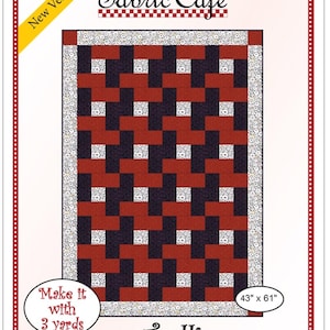 May include: Fabric Cafe Trellis quilt pattern. The quilt design features a repeating pattern of red, navy, and white blocks. The pattern is 43 inches by 61 inches and requires 3 yards of fabric. The words "New Version" are in a yellow banner.